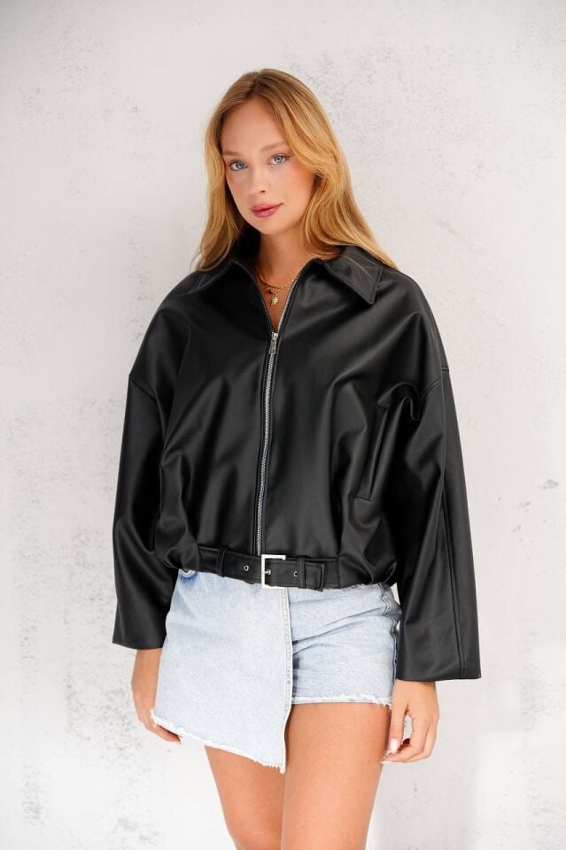 Oversize Geniş Kol & Kemer Detaylı Bomber Deri Ceket