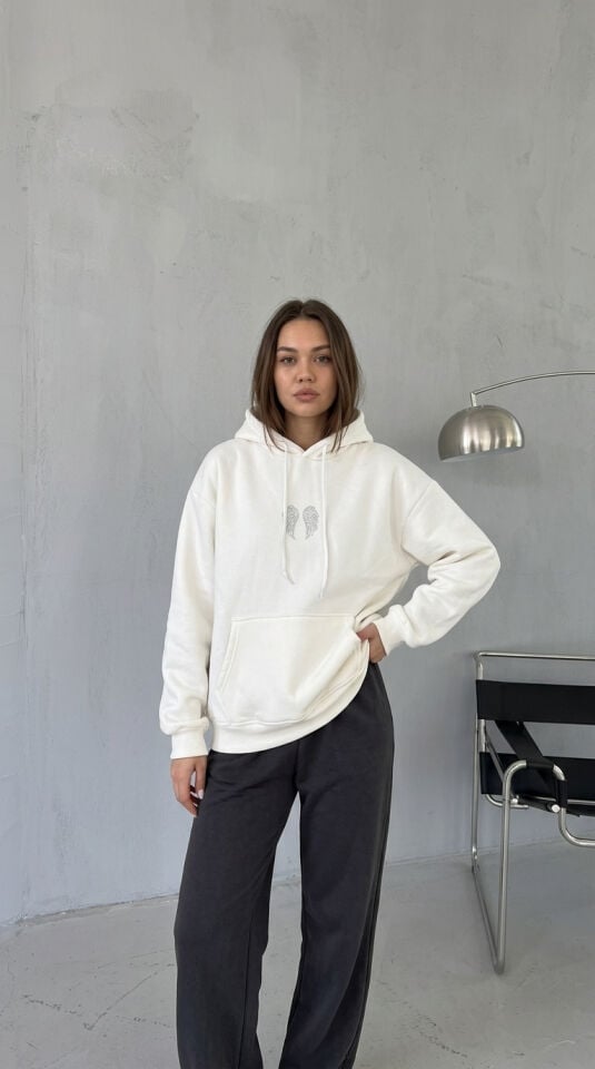 Taşlı Desenli Kapüşonlu Oversize 3'İplik Sweatshirt