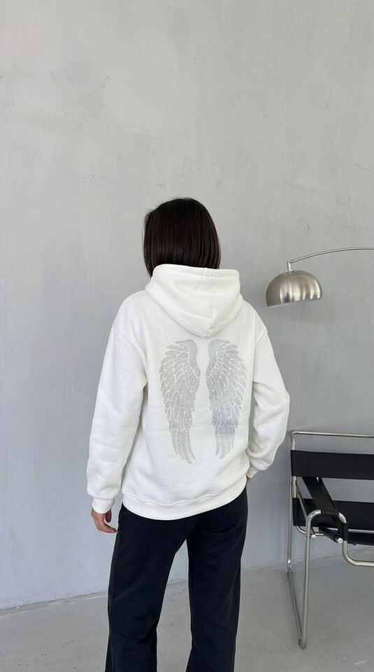 Taşlı Desenli Kapüşonlu Oversize 3'İplik Sweatshirt