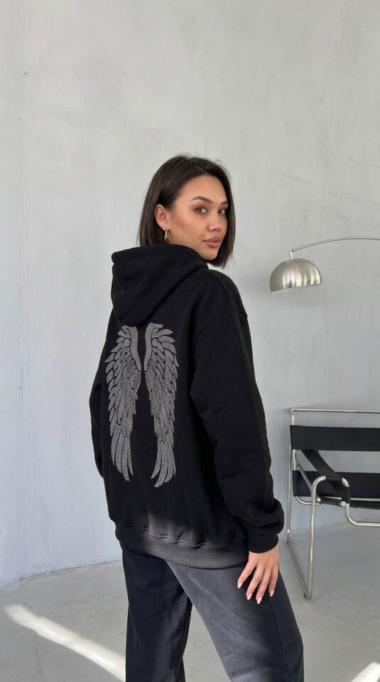 Taşlı Desenli Kapüşonlu Oversize 3'İplik Sweatshirt