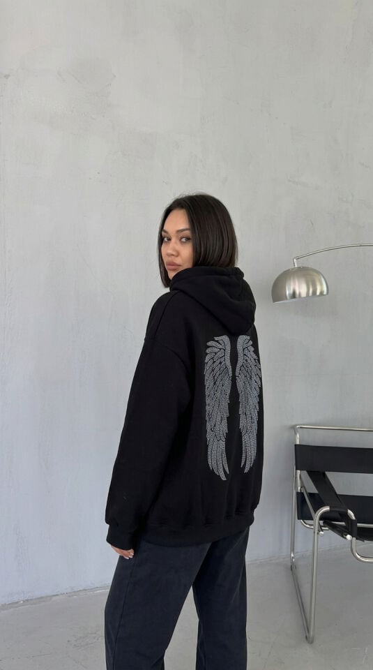 Taşlı Desenli Kapüşonlu Oversize 3'İplik Sweatshirt